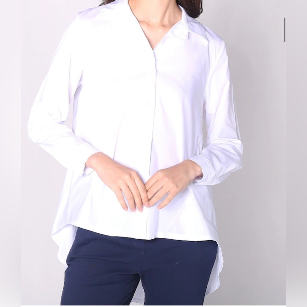 Beautiful Crisp 100% Cotton White Italian Button-Up Shirt with long tail back.